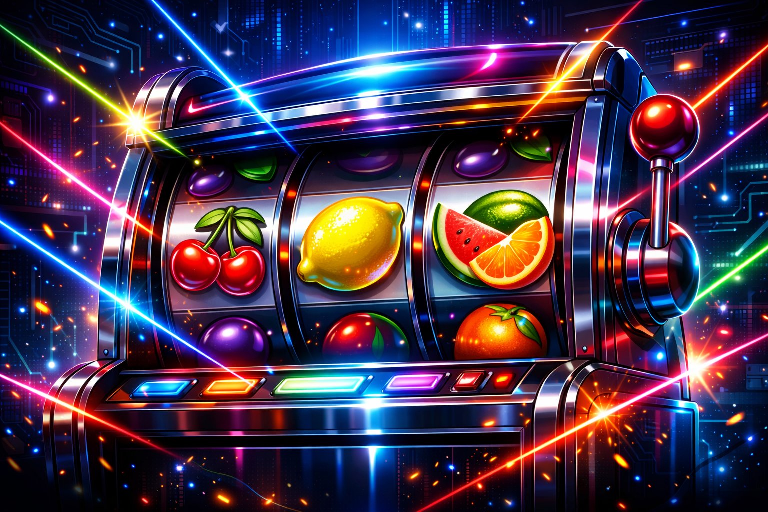 A Colorful Slot Machine With Glowing Fruit Symbols And Laser Beams, Set Against A HighTech Digital Background.