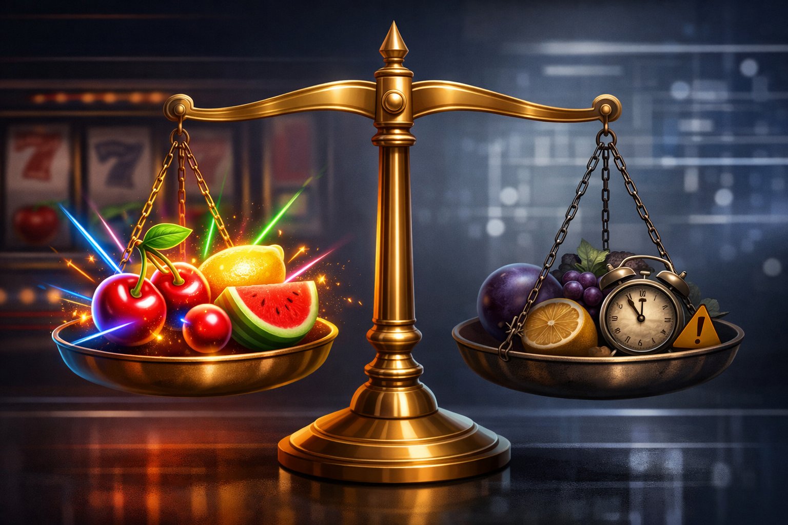 A Balanced Scale Showing Glowing Colorful Fruits On One Side And Dimmer Fruits With Warning Icons On The Other, Set Against A Modern Gaming Background.