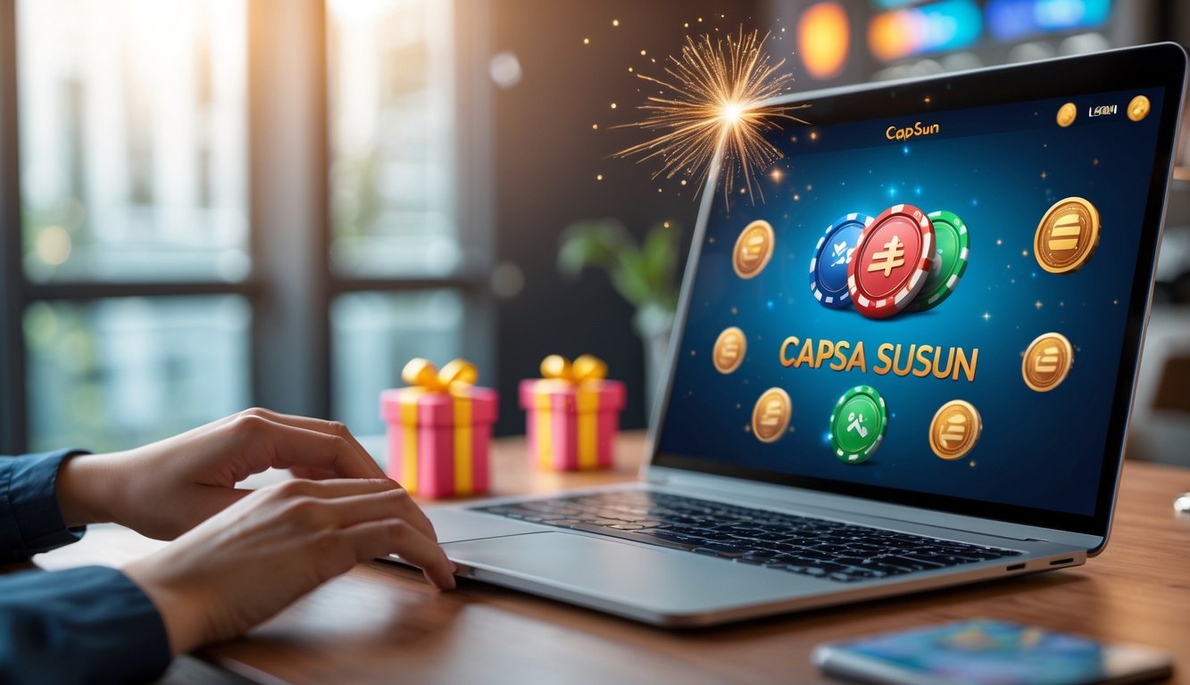 Seseorang menggunakan laptop dengan tampilan permainan Capsa Susun online di layar, di meja kerja yang rapi dengan pencahayaan hangat.