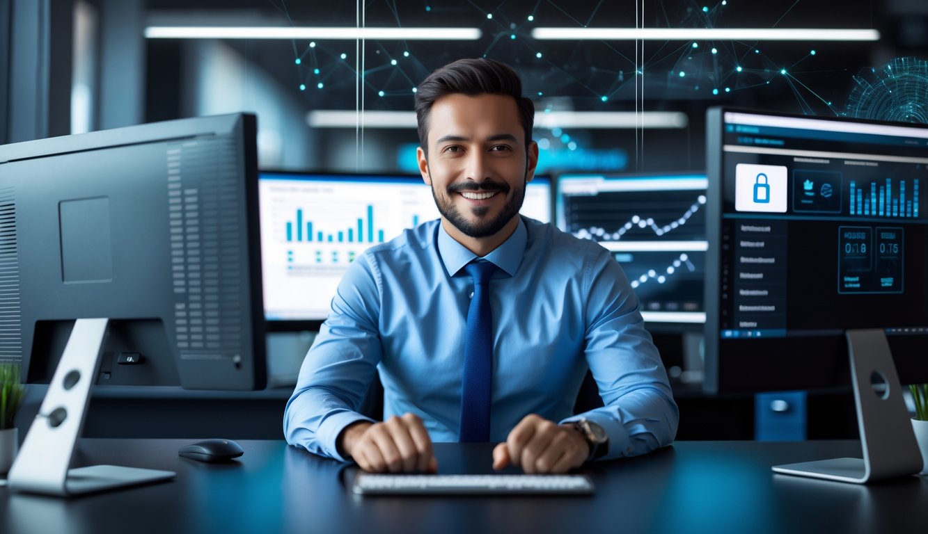Seorang pria percaya diri duduk di meja kantor modern dengan beberapa layar komputer yang menampilkan grafik dan simbol keamanan.