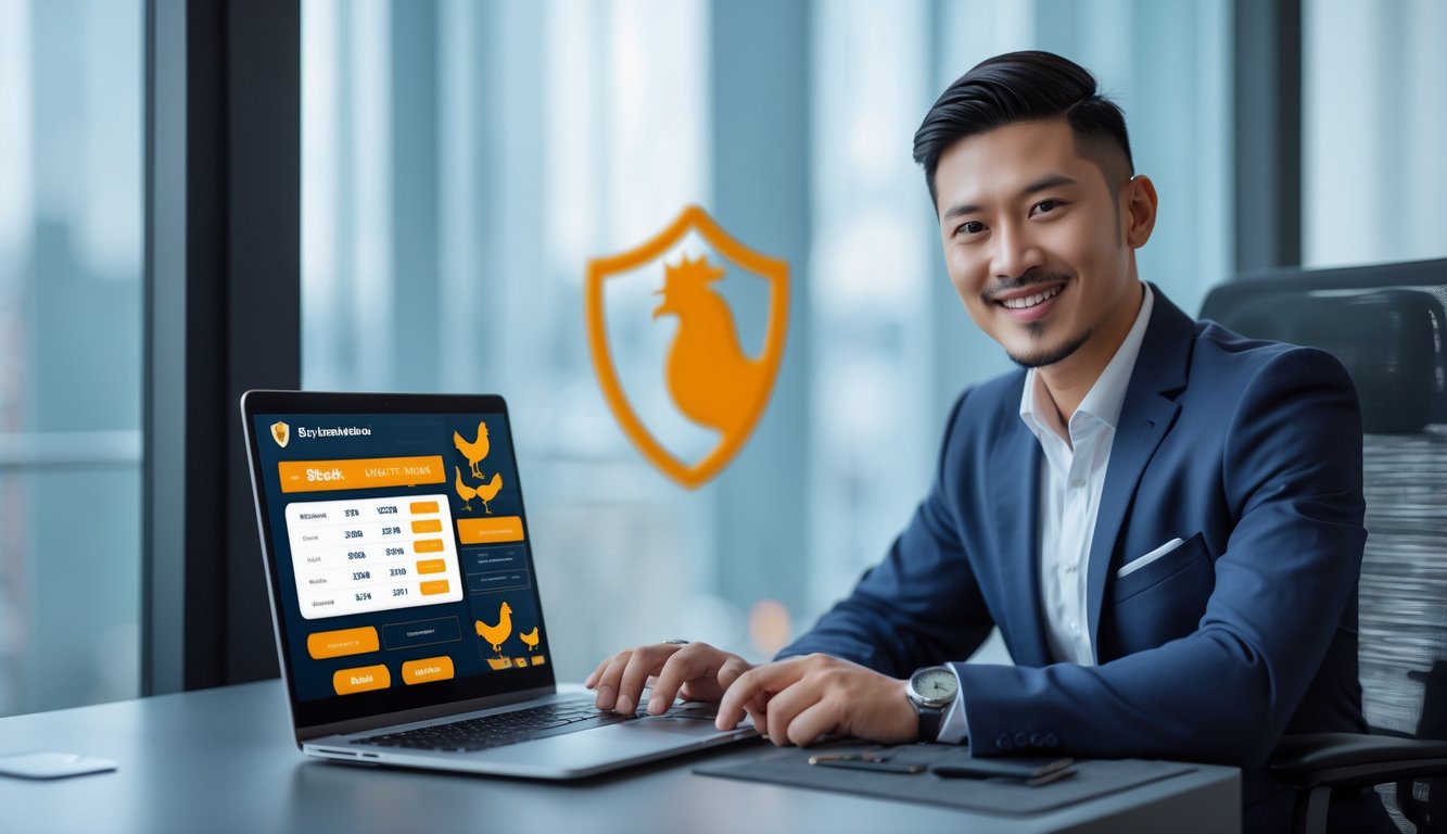 Seorang agen judi online yang percaya diri duduk di meja kantor modern dengan laptop terbuka, menampilkan elemen sabung ayam di latar belakang dan simbol keamanan di sekitarnya.