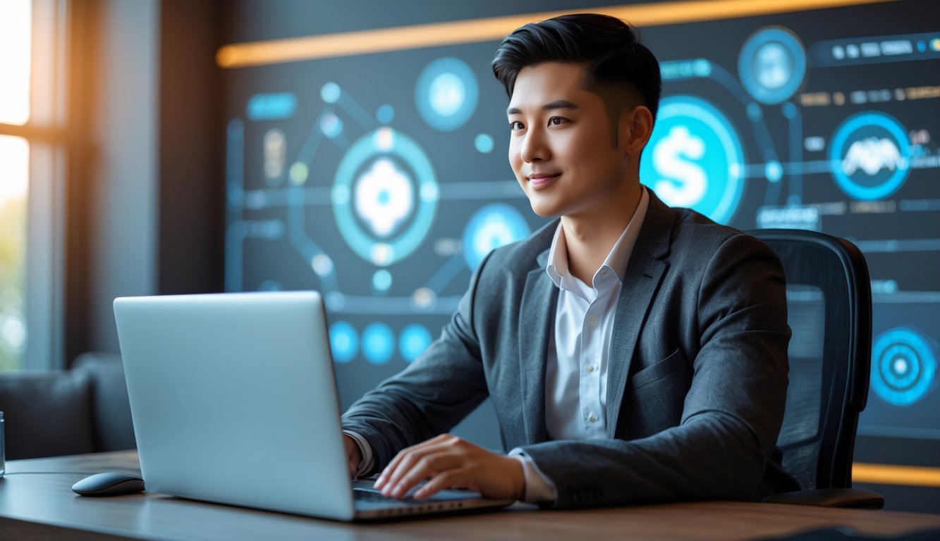 Seorang pria muda duduk di meja dengan laptop di ruang kantor yang nyaman, fokus pada layar komputer.