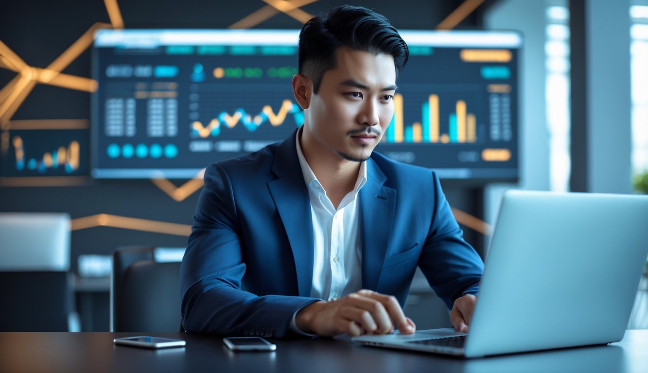 Seorang pria Asia Tenggara duduk di meja dengan laptop dan ponsel, fokus menganalisis data di lingkungan kantor modern.