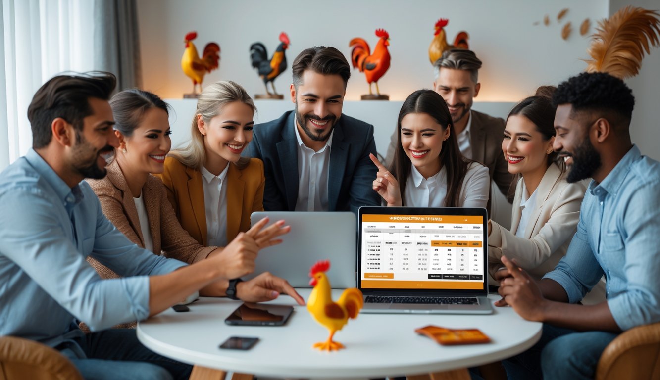 Beberapa orang sedang menggunakan laptop dan ponsel untuk bertaruh dalam suasana ruangan yang nyaman dengan dekorasi bertema sabung ayam.