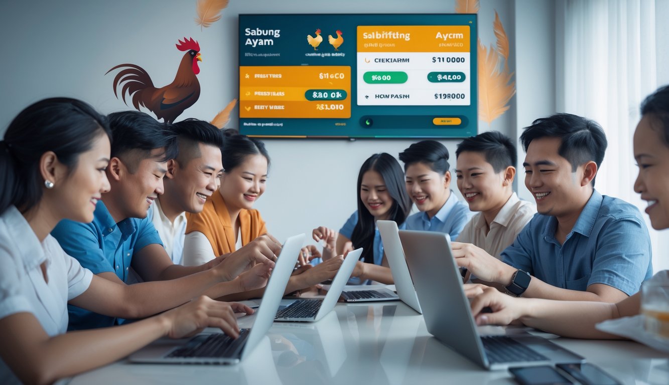 Beberapa orang menggunakan laptop dan ponsel untuk bertaruh secara online pada sabung ayam dengan modal kecil dalam ruangan yang terang dan nyaman.