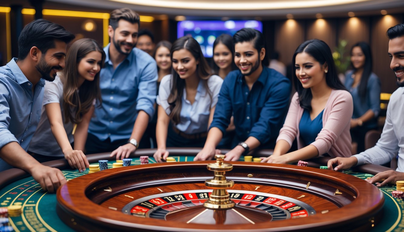 Beberapa pemain pemula sedang bermain roulette di meja kasino dengan suasana yang ramah dan profesional.