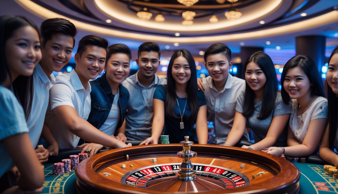 Sekelompok orang muda berkumpul di sekitar meja roulette dengan suasana kasino yang ramah dan profesional.