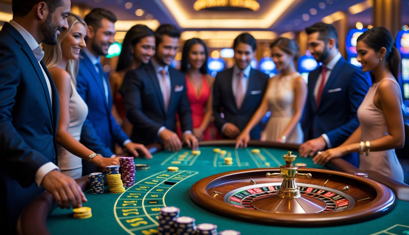 Orang-orang bermain roulette di meja kasino dengan suasana yang mewah dan ramah.