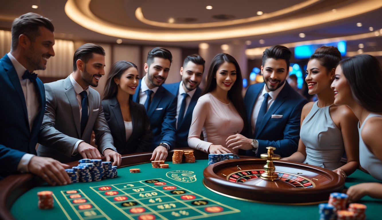 Meja roulette dengan pemain yang serius dan antusias di kasino modern, menampilkan suasana yang profesional dan terpercaya.