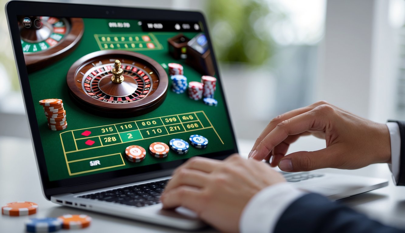 Seseorang menggunakan laptop atau ponsel untuk memasang taruhan kecil pada permainan roulette online di lingkungan rumah yang rapi.