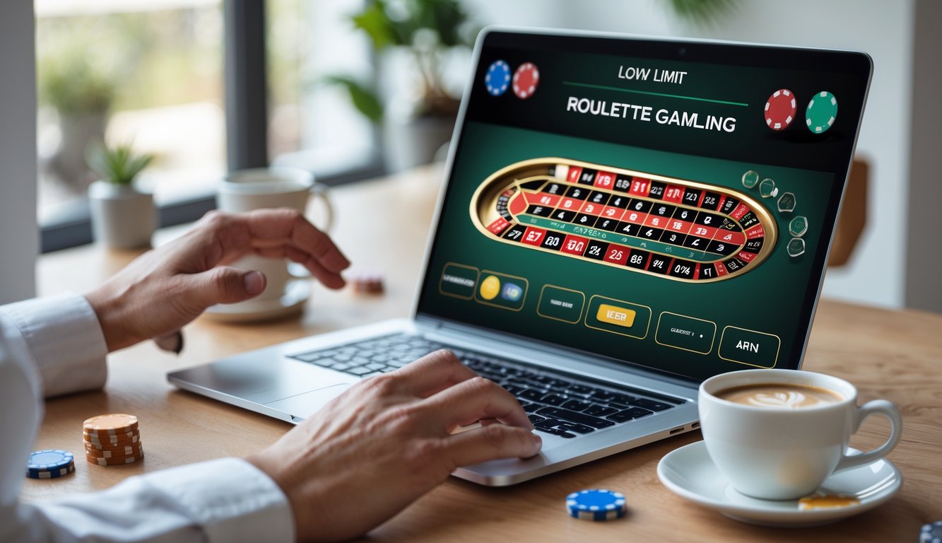 Seseorang menggunakan komputer untuk bermain roulette online dengan taruhan kecil di meja digital.