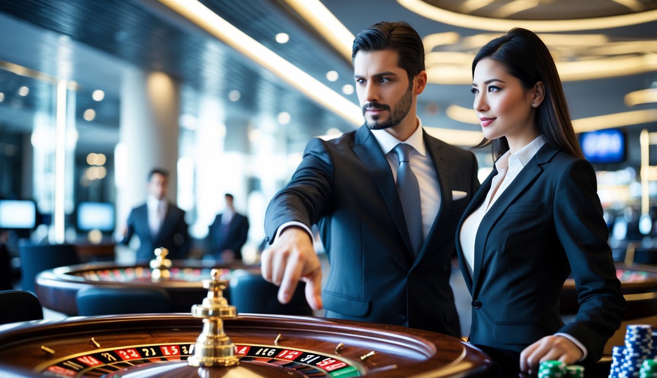 Seorang pria dan wanita berdiri di dekat meja roulette di kasino yang modern dan aman, dengan suasana yang tenang dan profesional.