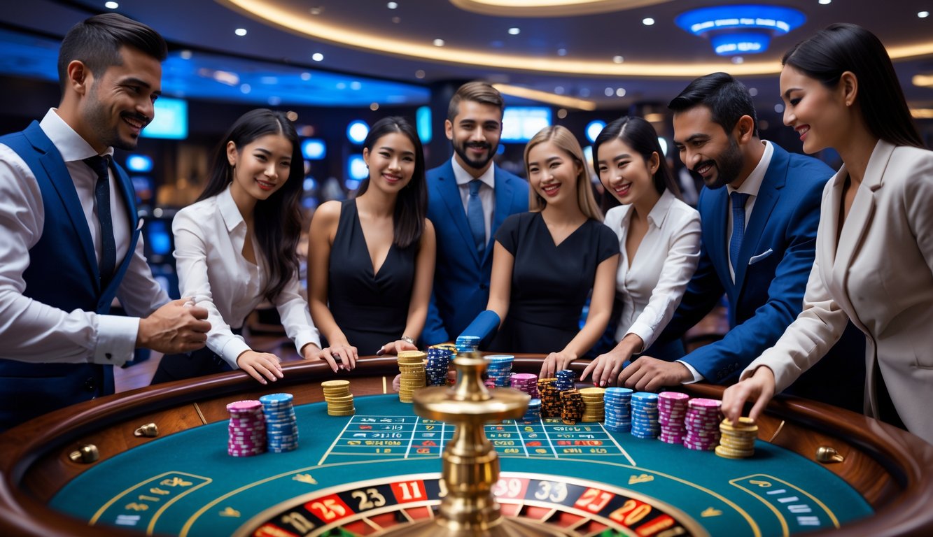 Meja roulette kasino dengan pemain yang sedang berjudi dan suasana yang aman serta terpercaya.