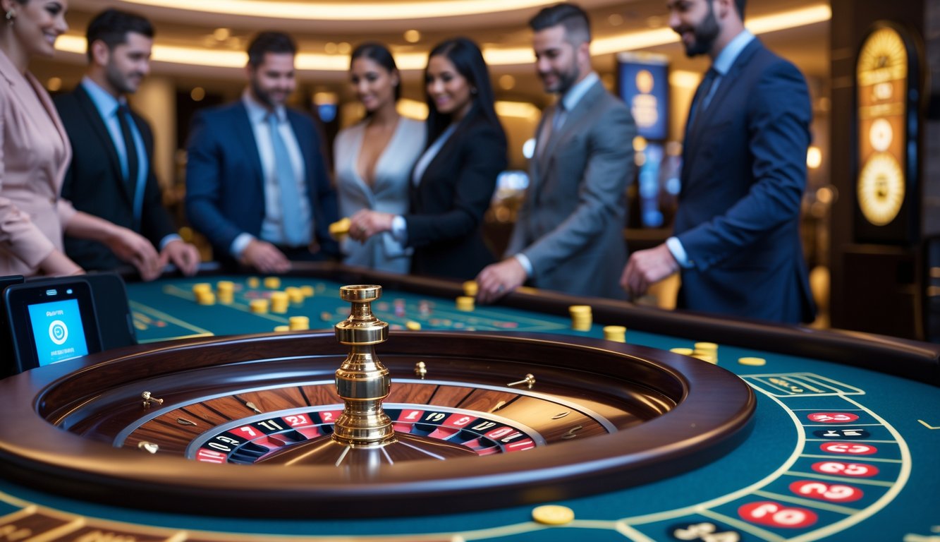 Orang-orang bermain roulette di kasino dengan suasana yang aman dan profesional.