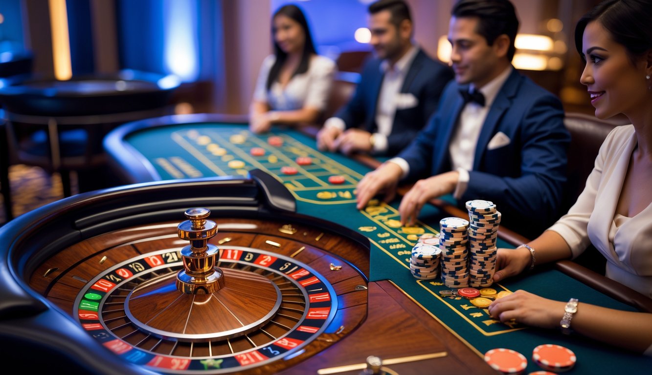 Meja roulette di kasino dengan pemain yang fokus dan tumpukan chip taruhan rendah.