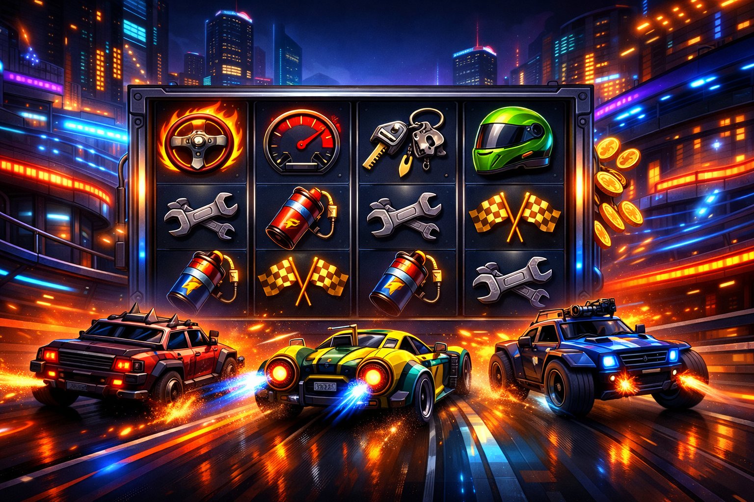 A Futuristic Racing Scene With Colorful Cars Speeding On NeonLit Tracks Against A Glowing City Skyline, Featuring Slot Machine Reels Showing RacingRelated Symbols.