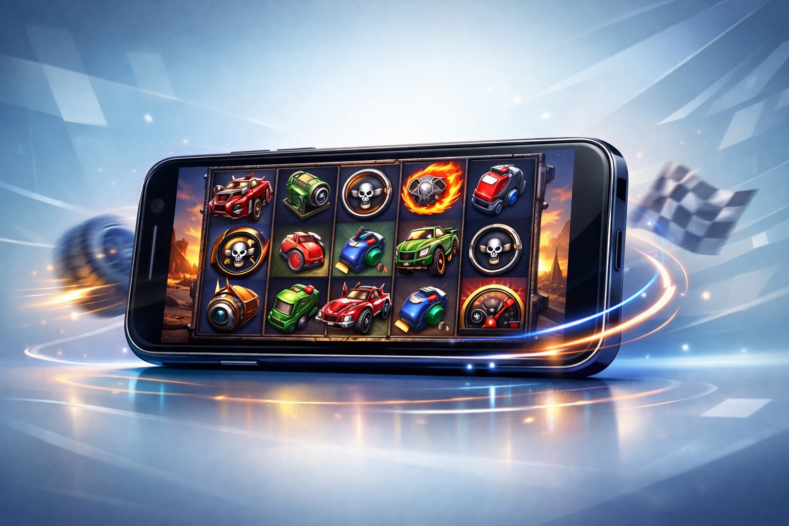 A Smartphone Displaying A Colorful CarThemed Slot Game With Racing Symbols And Glowing Effects, Set Against A Futuristic Abstract Background.