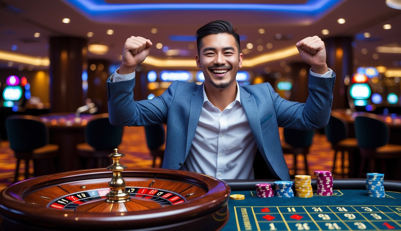 Seorang pria muda tersenyum dan mengangkat tangan merayakan kemenangan di meja roulette dengan suasana kasino yang modern dan terang.