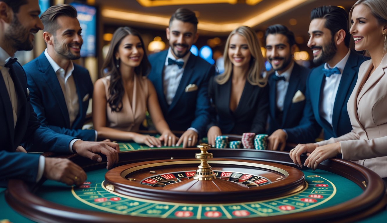 Sejumlah pemain berjudi di meja roulette dengan suasana kasino yang ramai dan elegan.