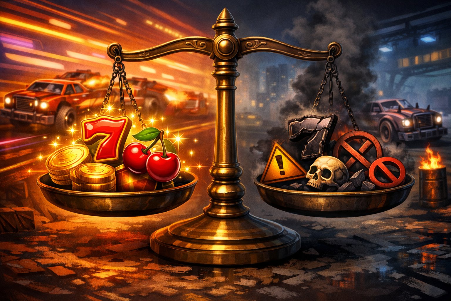 A Balanced Scale With Glowing Slot Machine Symbols On One Side And Darker Warning Icons On The Other, Set Against A Background Featuring Racing Cars And Neon Lights.