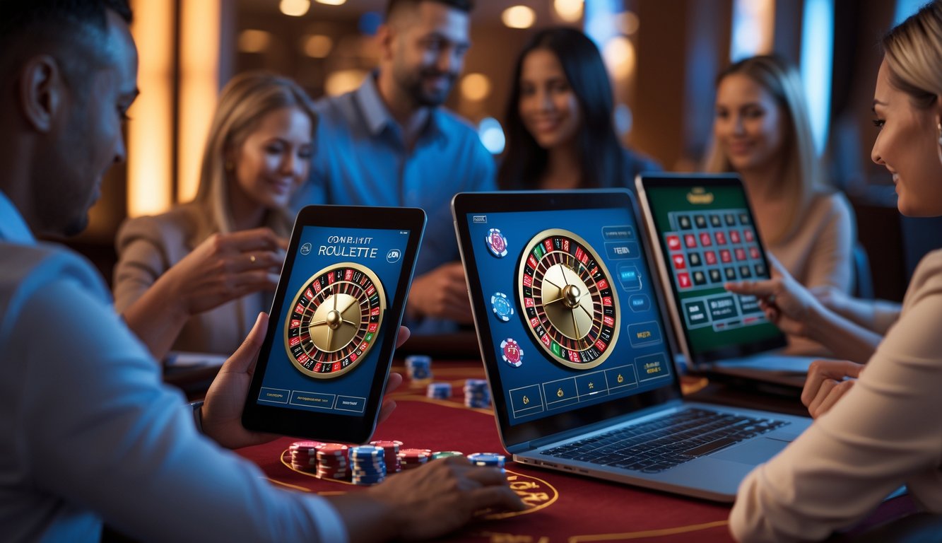 Orang-orang menggunakan berbagai perangkat untuk bermain roulette online dengan latar belakang suasana kasino yang nyaman dan terang.