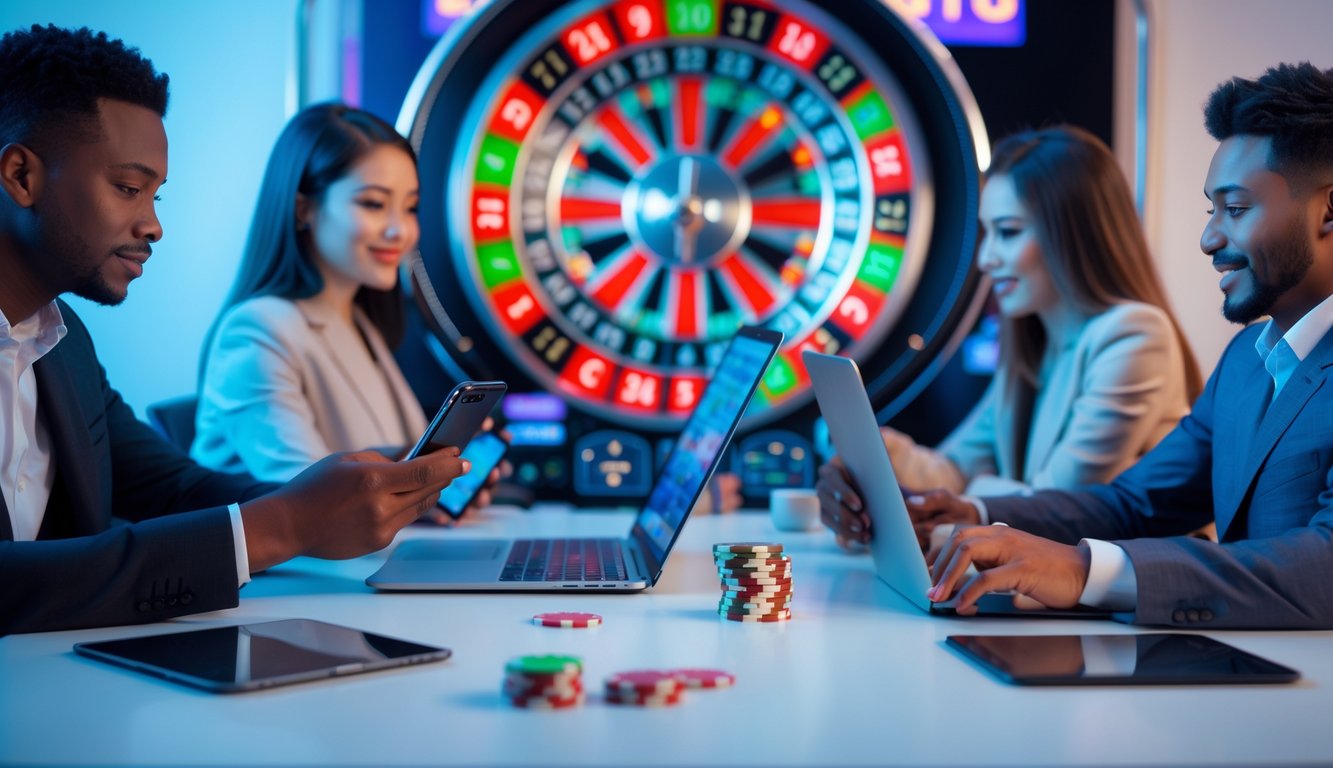 Beberapa orang menggunakan ponsel, tablet, dan laptop untuk bermain roulette online dengan latar belakang roda roulette digital yang berwarna-warni.