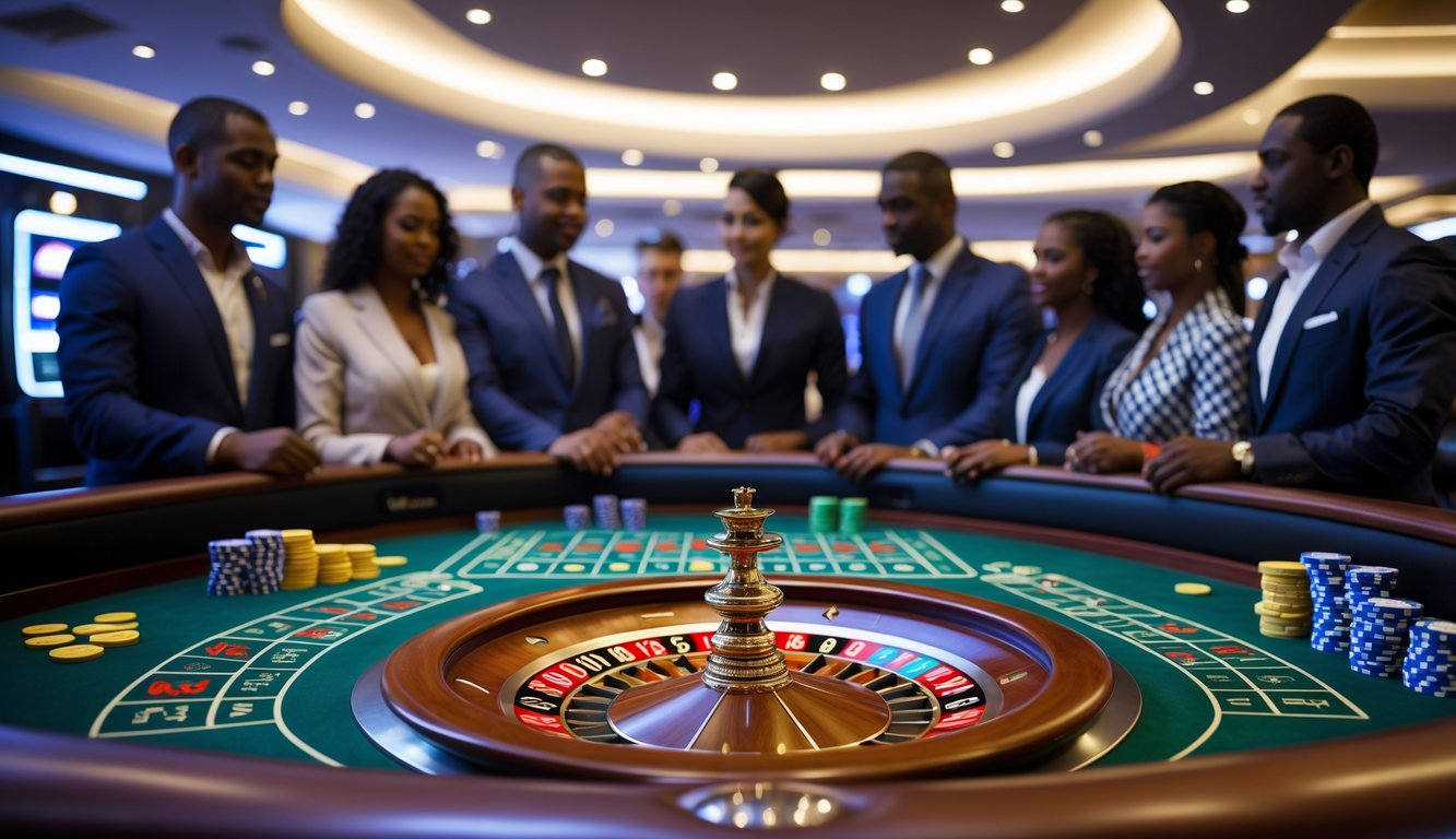 Meja roulette di kasino dengan beberapa pemain fokus bermain, menunjukkan suasana permainan yang adil dan terpercaya.