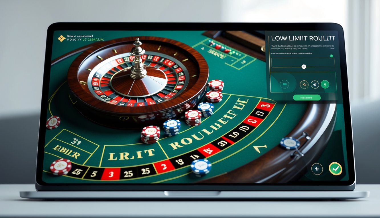 Tampilan layar komputer dengan permainan roulette online dan chip taruhan rendah dalam suasana yang profesional dan terpercaya.