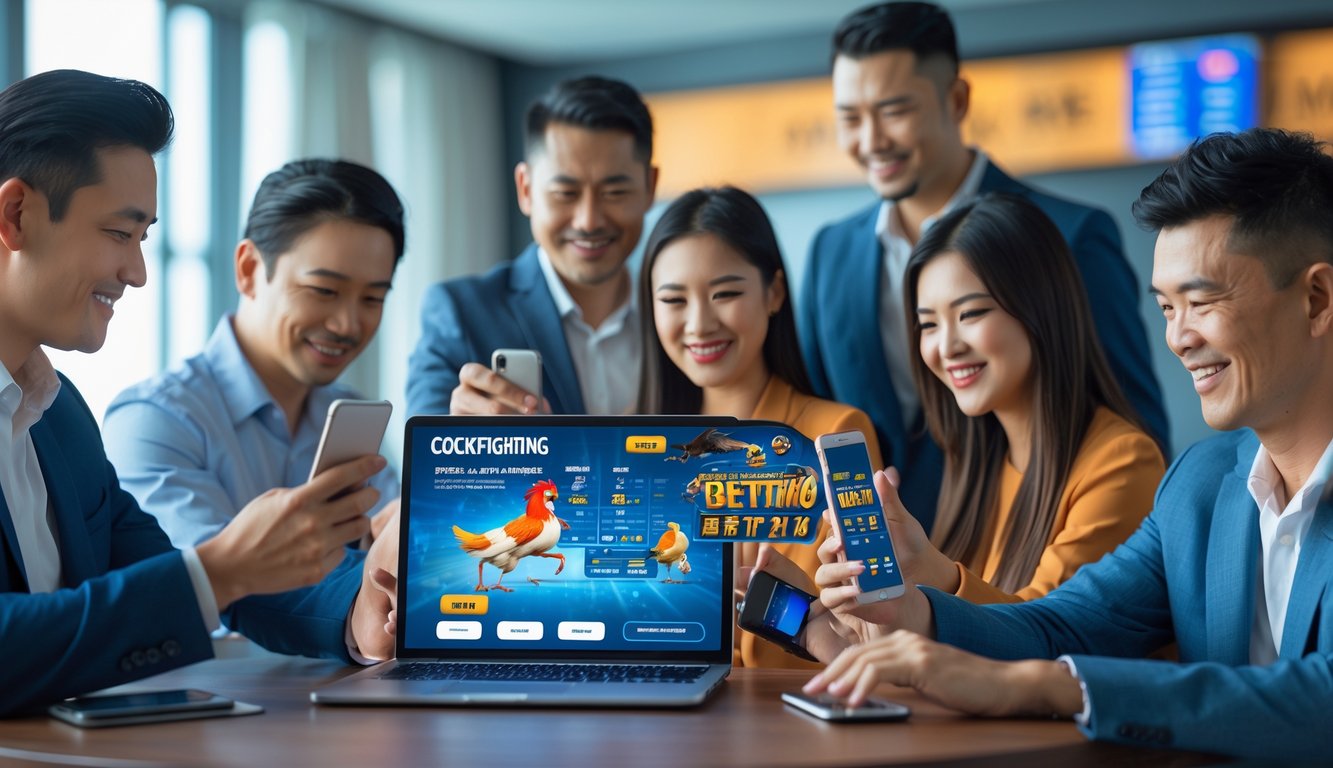 Orang-orang menggunakan perangkat digital untuk bertaruh sabung ayam secara online dalam suasana ruangan yang modern dan terang.