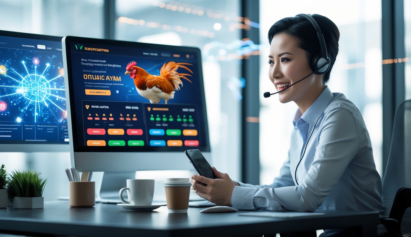 Seorang perwakilan layanan pelanggan yang ramah sedang bekerja di meja dengan komputer dan ponsel, di latar belakang terdapat elemen digital yang menunjukkan akses mudah dan layanan responsif.