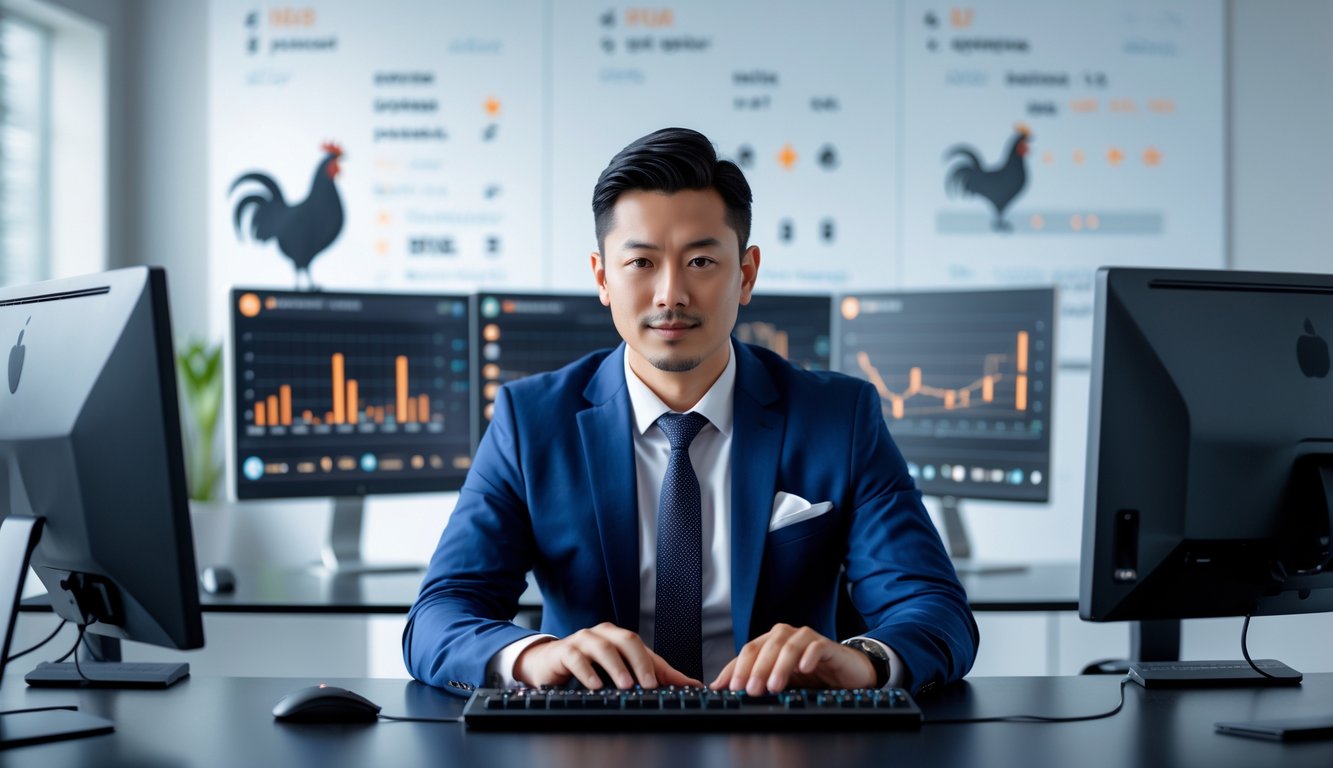 Seorang pria profesional duduk di meja dengan beberapa monitor komputer yang menampilkan grafik dan statistik, terlihat fokus dan serius di sebuah kantor modern.