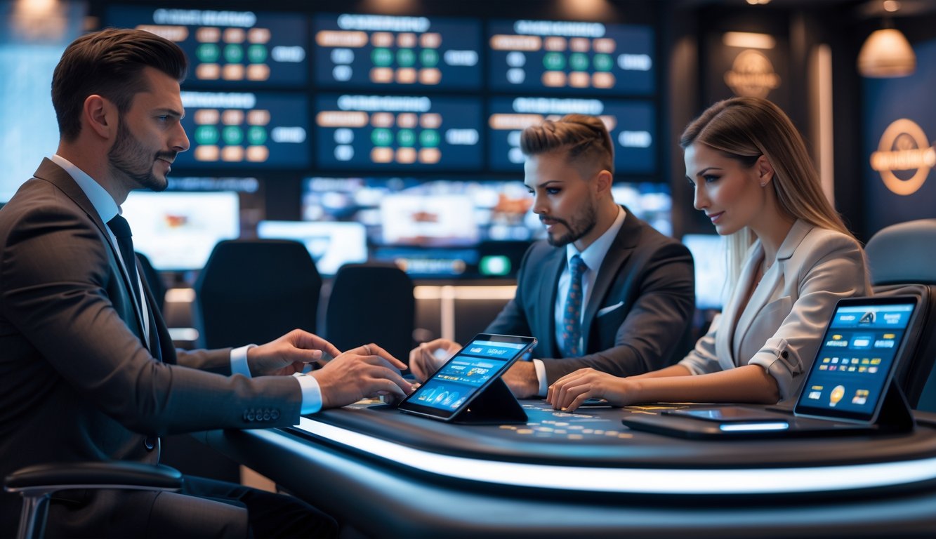 Dua pemain profesional sedang fokus bermain judi sabung ayam di meja taruhan digital dengan layar menampilkan pertandingan secara langsung.