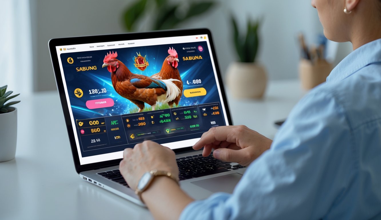 Seseorang menggunakan laptop atau ponsel untuk mengakses platform taruhan sabung ayam online di ruang kerja yang rapi dan terang.