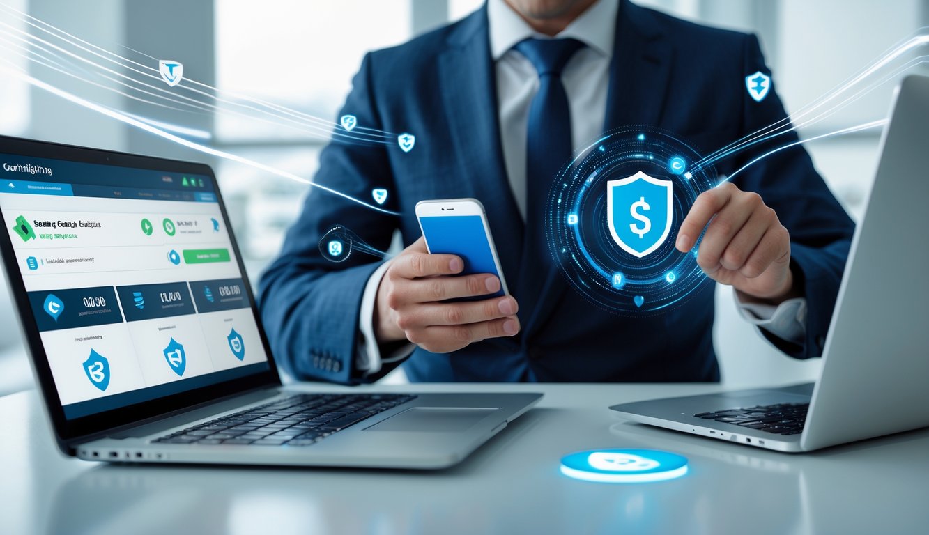 Seorang pria menggunakan ponsel dan laptop di ruang kantor yang rapi, menunjukkan aktivitas pembayaran cepat dan aman dalam layanan taruhan sabung ayam online.