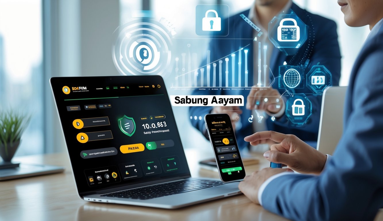 Seseorang menggunakan laptop dan ponsel di kantor yang rapi dengan ikon keamanan dan grafik keuangan di latar belakang.