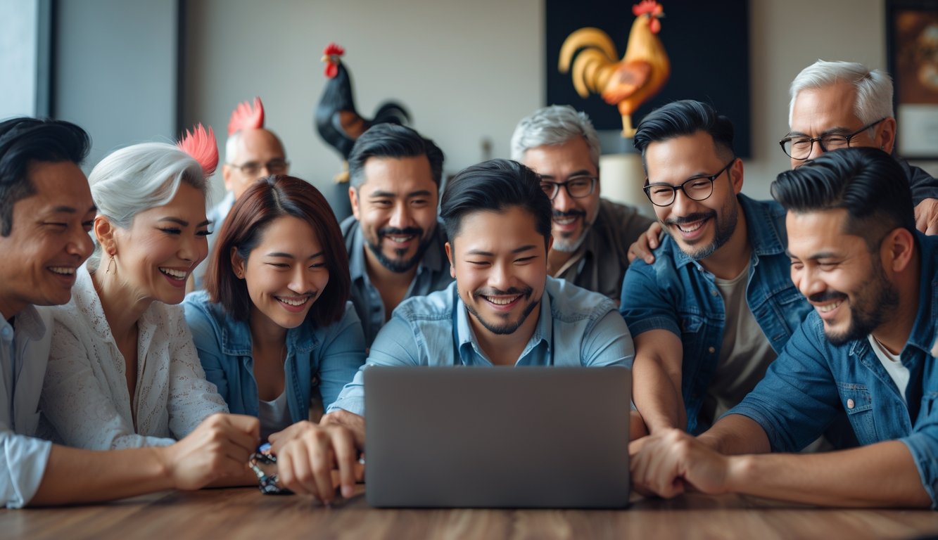 Sekelompok orang sedang berkumpul dan bermain game sabung ayam online menggunakan perangkat digital di ruangan modern.