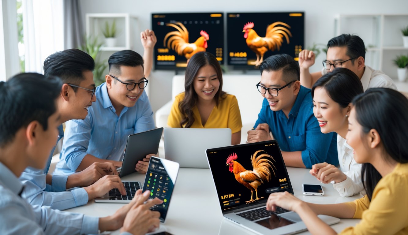 Sekelompok orang dewasa menggunakan perangkat digital untuk bertaruh sabung ayam secara online dalam ruangan yang terang dan modern.