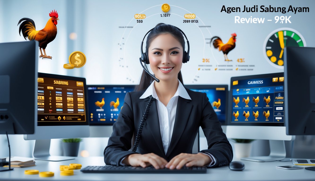 Seorang perwakilan layanan pelanggan yang tersenyum duduk di depan komputer dengan layar yang menampilkan antarmuka taruhan, di ruang kerja yang terang dan modern.