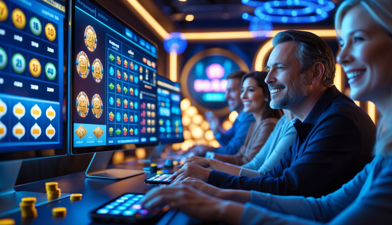 Orang-orang bermain permainan kasino online dengan layar komputer dan ponsel yang menampilkan berbagai permainan seperti bingo dan mesin slot, suasana ceria dan penuh semangat.