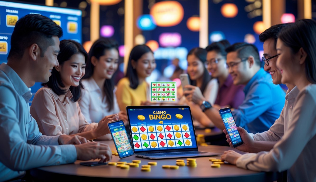 Beberapa orang sedang bermain permainan bingo kasino online menggunakan perangkat digital di lingkungan yang nyaman dan cerah.