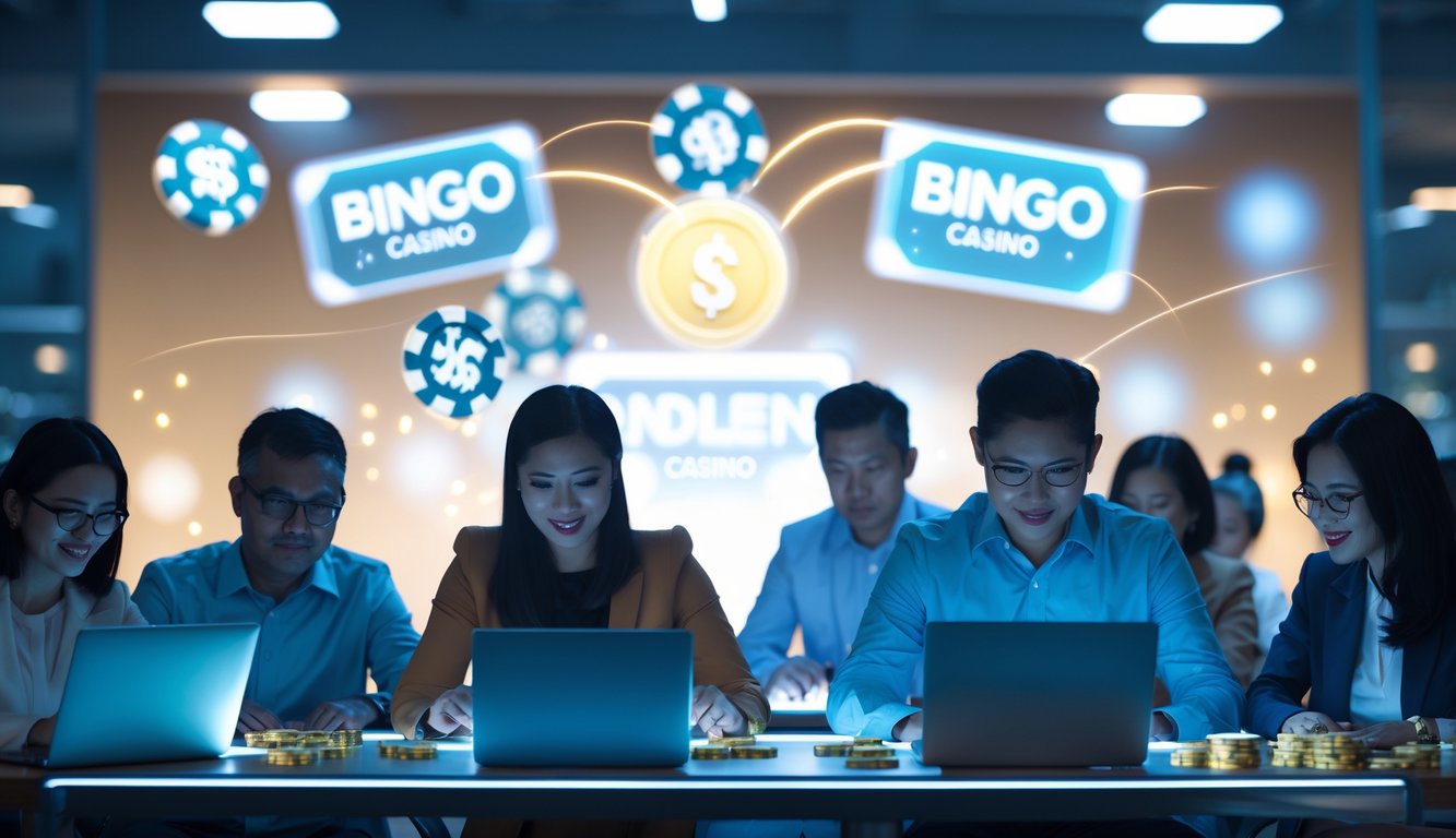 Beberapa orang dewasa sedang menggunakan laptop dan ponsel untuk bermain bingo kasino online di ruang kerja modern.
