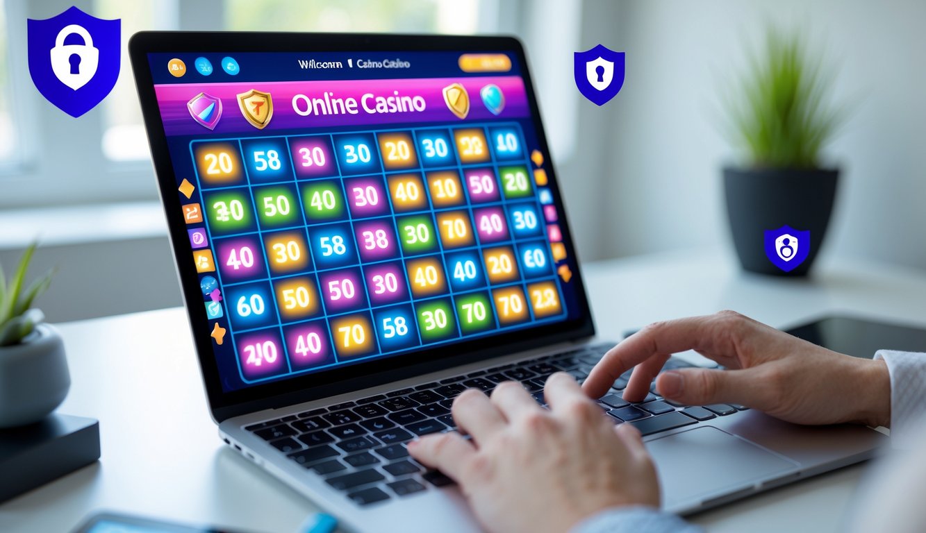 Seseorang menggunakan laptop dengan permainan bingo online yang berwarna-warni di layar, menunjukkan suasana yang aman dan terpercaya untuk pemula.