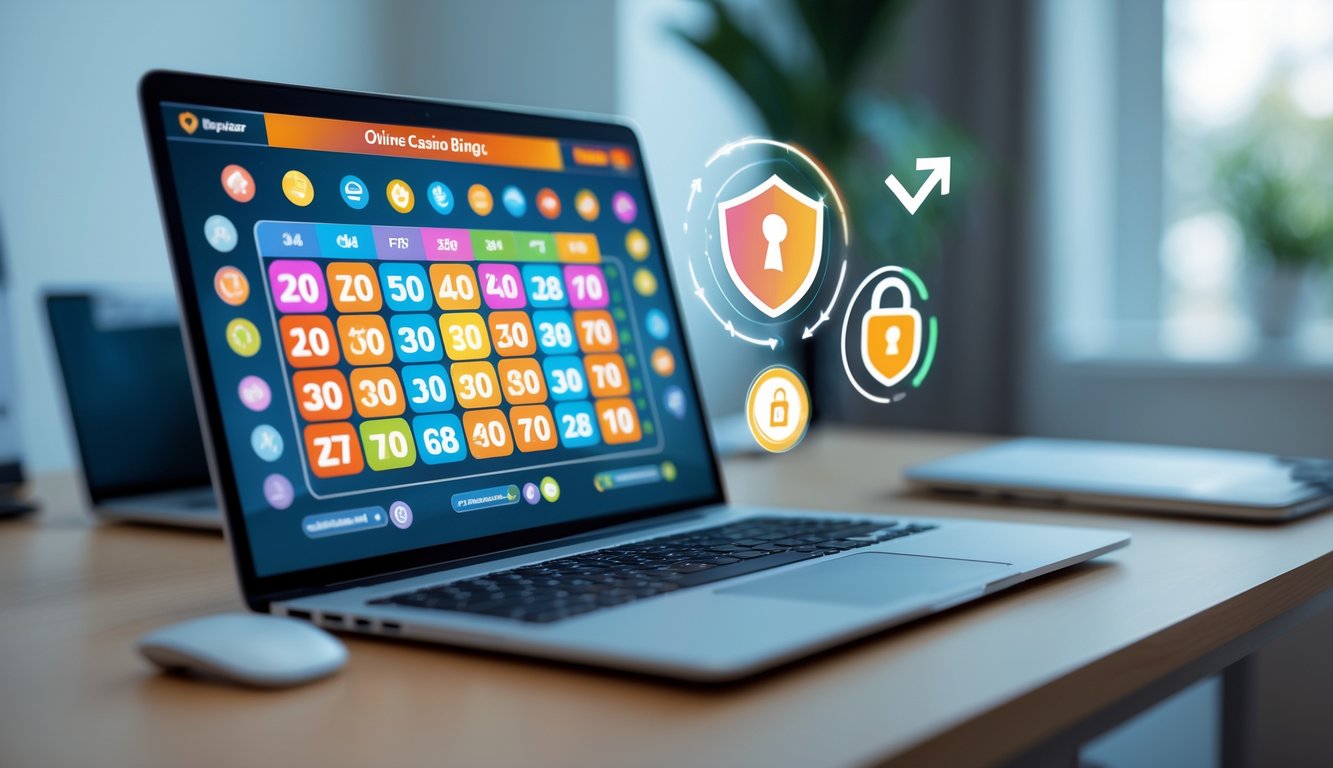 Seorang pengguna sedang bermain bingo online di laptop di meja kerja dengan suasana yang tenang dan aman.