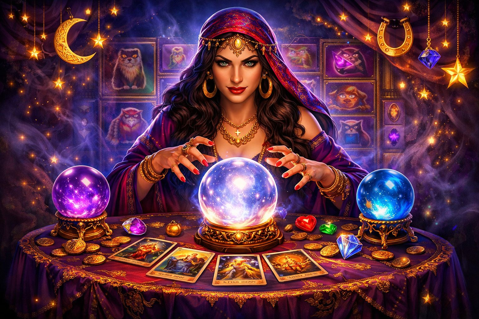 A Fortune Teller Woman With Dark Hair And A Colorful Headscarf Sits At A Table With A Crystal Ball, Tarot Cards, And Coins, Surrounded By Magical Symbols And Faint Slot Machine Reels In The Background.