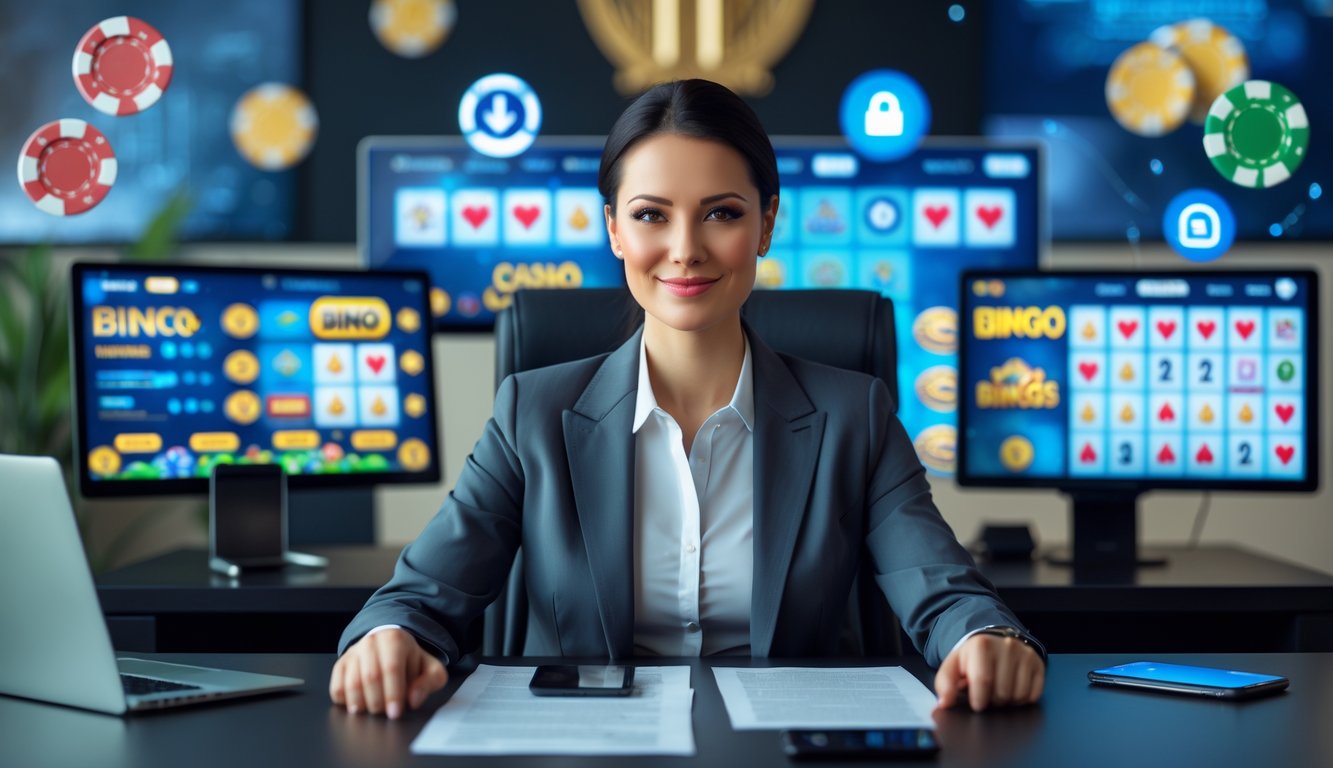 Seseorang duduk di meja kantor modern dengan beberapa layar komputer menampilkan permainan kasino dan bingo online, menunjukkan suasana profesional dan terpercaya.