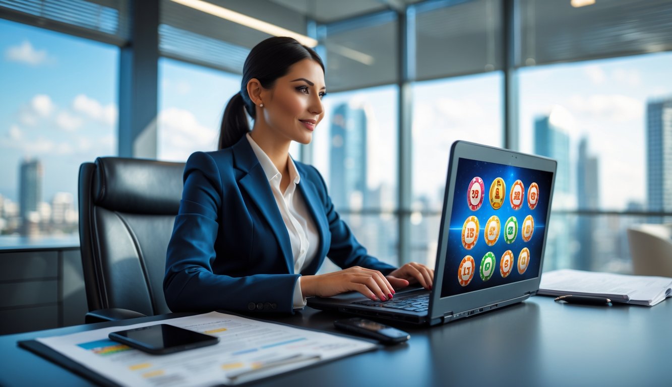 Seorang wanita profesional duduk di meja kantor modern menggunakan laptop dengan ikon permainan kasino di layar, di latar belakang terlihat jendela besar dan pemandangan kota.