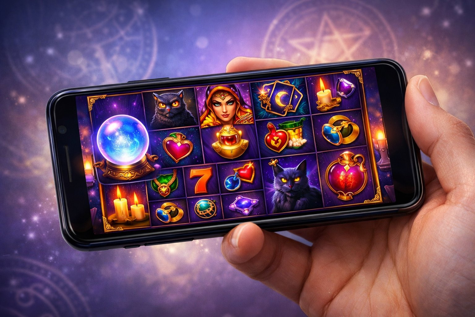 A Hand Holding A Smartphone Showing Colorful Mystical Slot Game Reels With Symbols Like A Crystal Ball And Tarot Cards.