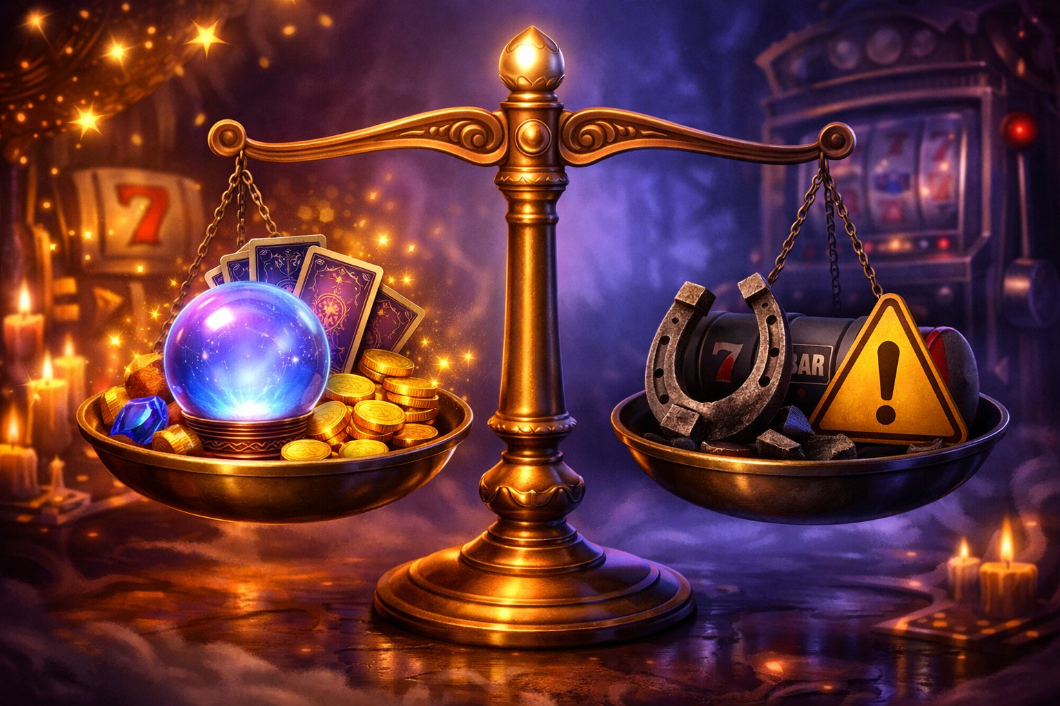 A Balanced Scale Showing Symbols Of Luck And Fortune On One Side And Cautionary Elements On The Other, Set Against A Mystical CasinoThemed Background.