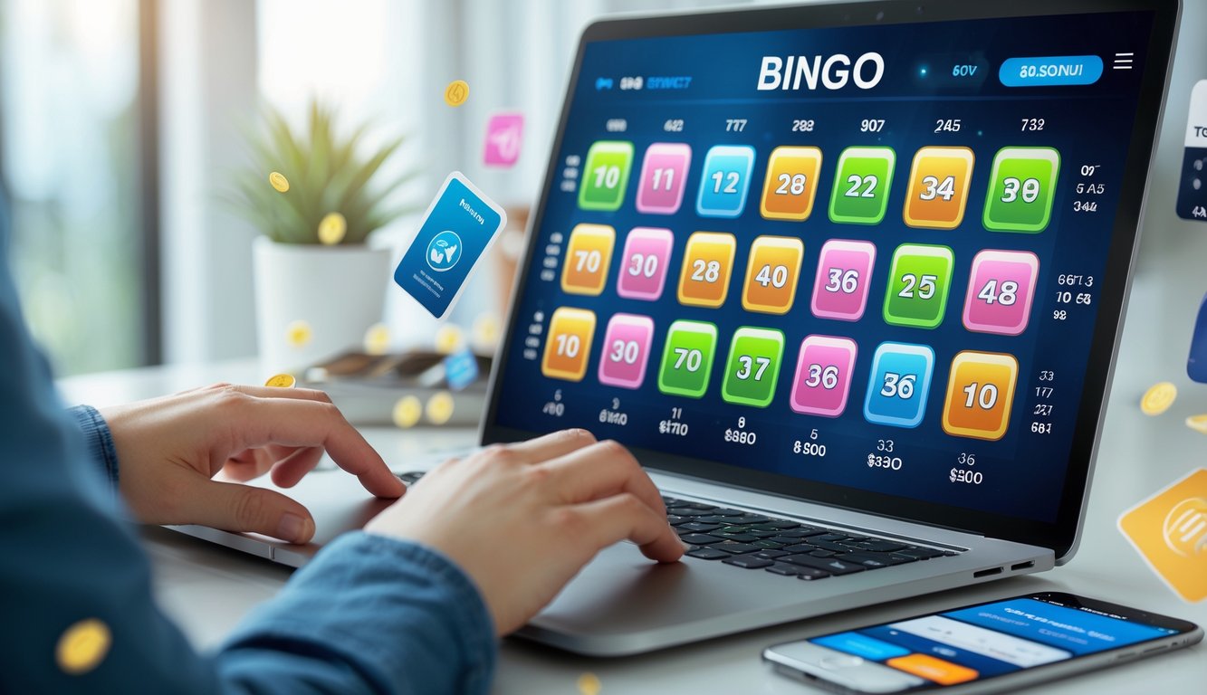 Seseorang menggunakan komputer dengan tampilan permainan bingo online dan ikon pembayaran digital di latar belakang.