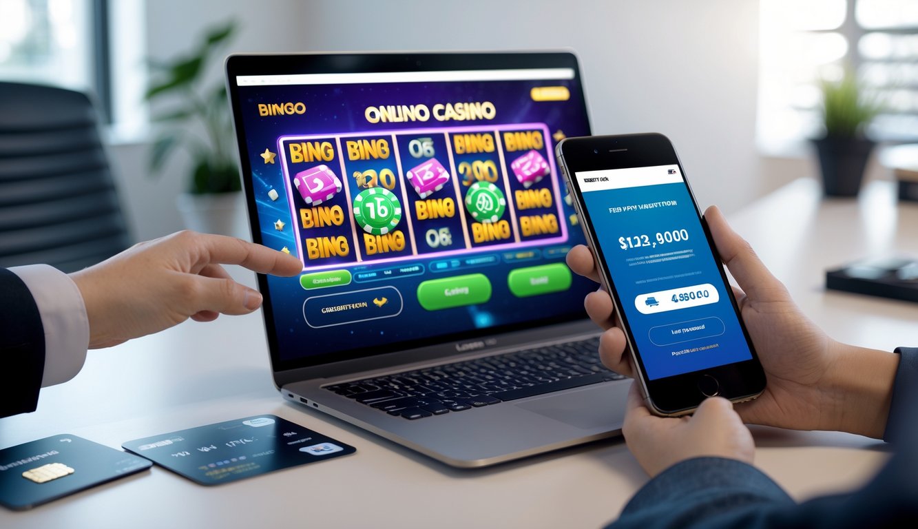 Seseorang menggunakan laptop dan ponsel untuk bermain judi casino dan bingo online dengan metode pembayaran cepat.